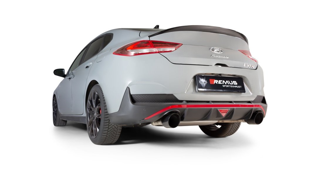 GPF back System Left/Right with Integrated valves using the OE valve control system with 2 Carbon tail pipes 102 mm angled, Titanium internals Hyundai : i30 Fastback PDE 2.0 N