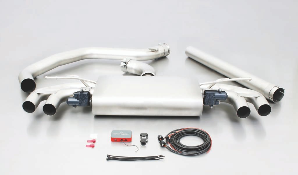 Non-Resonated Cat back System Left/Right with Integrated valves including a Remus Sound Controller Module with 4 tail pipes 84 mm angled Volkswagen : Golf Mk7 Hatchback 2.0 GTI Clubsport